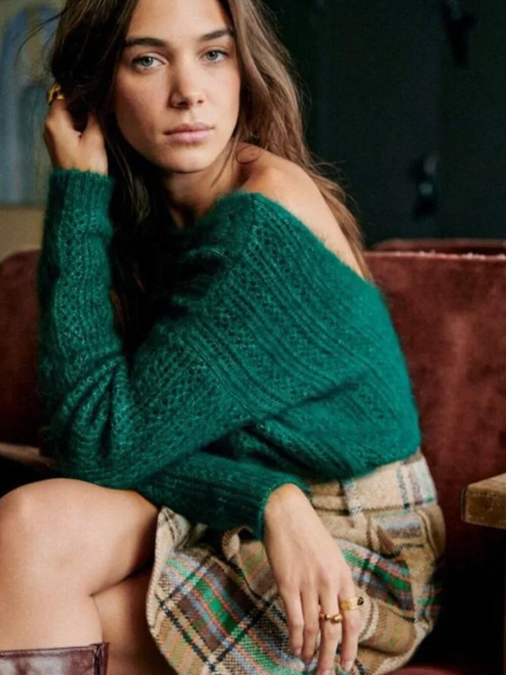 Sezane Malou Jumper Sweater XS Kid Mohair Wool Blend Cable Knit Emerald Green